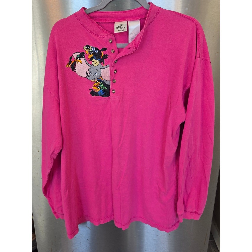Disney Store Women XL Henley Top Pink Dumbo Embroidered Long Sleeve Vintage